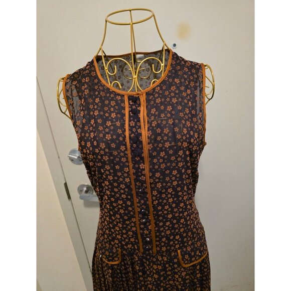 Vintage Sleeveless Women's Dress Brown Floral Pleated Skirt Size S - Picture 2 of 16